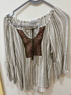 Cream & Olive Embroidered Peasant Top